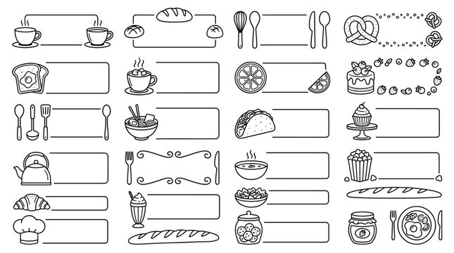 Black line food and kitchen label set with plates, cutlery, bread, vegetables, coffee cups, jars, rolling pin and recipe frame designs on white