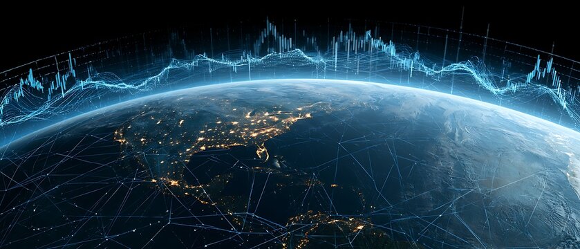 planet earth with glowing financial connections, futuristic stock chart overlays above atmosphere, AI powered market prediction system