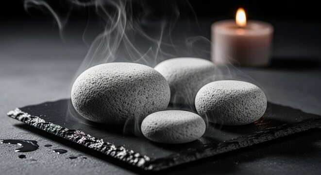Heated grey basalt stones on black slate with steam and candle