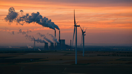 Obraz premium Contrast between coal power plant and modern wind turbines at sunset