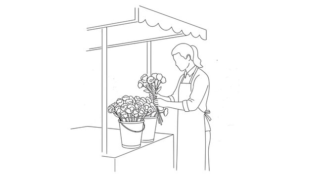 Florist arranging fresh flowers at outdoor market stall, line art illustration.