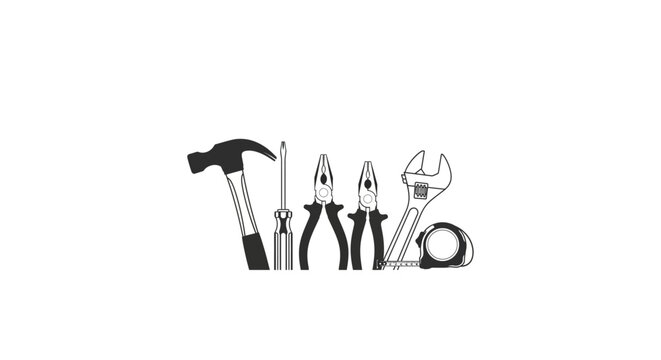 Set of essential black and white hand tools including hammer, screwdriver, pliers, wrench, and measuring tape.