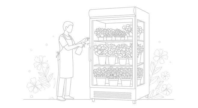 Florist caring for potted flowers in a refrigerated display case