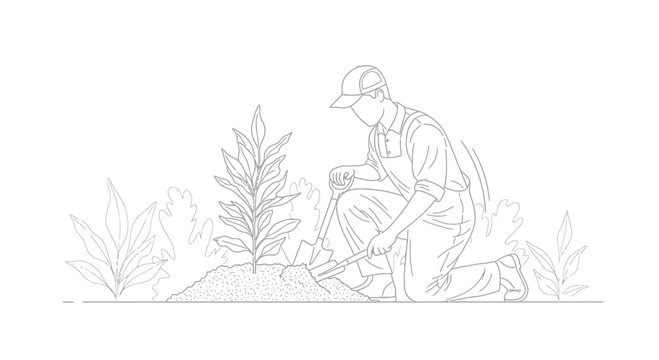 Gardener planting a tree, kneeling in the garden with shovel and sapling