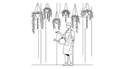 Obraz premium Gardener watering hanging plants in macrame hangers, indoor gardening, botanical hobby