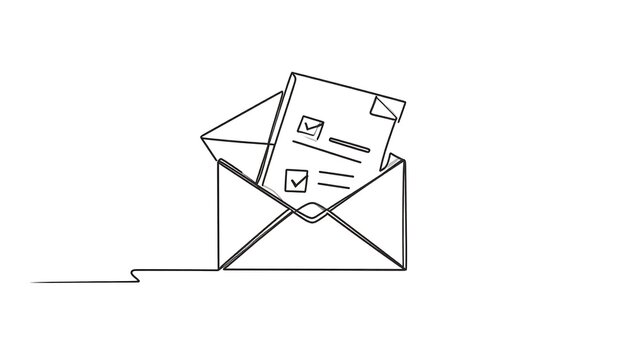 A single continuous line drawing depicts an open envelope with checklist document