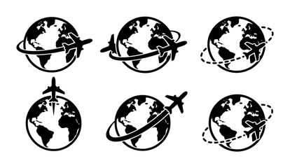 Obraz premium Global Travel Icons, Airplane Around World Vector Set, International Flight Journey Symbols, Worldwide Trip Navigation Graphics