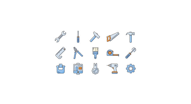 Set of various hand tools and mechanical equipment icons in flat style.