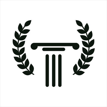 Classical pillar icon framed by laurel wreath foliage for academic or judicial representation in simple black design.