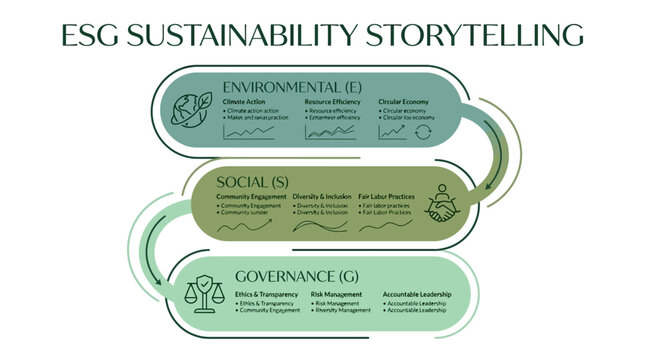 An infographic illustrating ESG Sustainability Storytelling, detailing Environmental, Social, and Governance components with their respective key areas and icons.