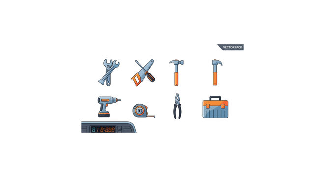 Set of various hand and power tools used for construction and repair work.