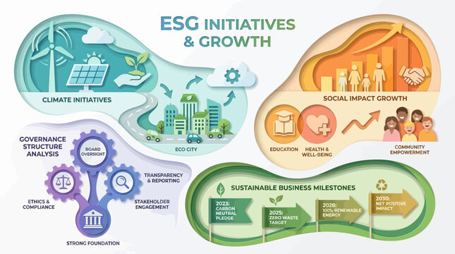 An infographic illustrating Environmental, Social, and Governance (ESG) initiatives, their components, and their role in sustainable business growth and social impact.