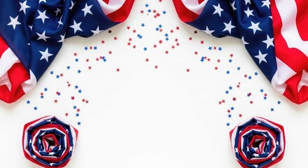 Obraz premium Patriotic american flag display with rolled banners and star confetti