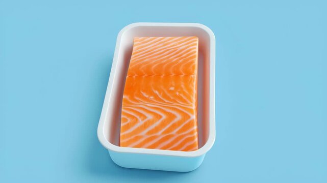Raw salmon fillet on plastic tray over blue background fresh seafood packaging display in white container minimal atlantic fish texture