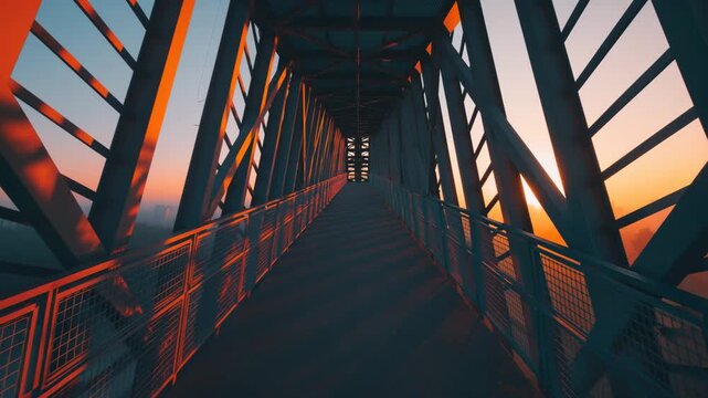 Bridge walkway architecture metal structure sunset sunrise golden hour city corridor long perspective urban tunnel toward glowing sun calm mood