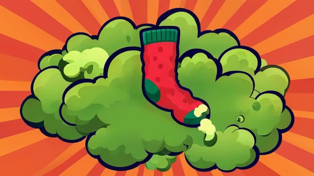 Smelly sock green cloud cartoon explosion with orange humor, stink smoke and dirty laundry burst in bold pop art comic background