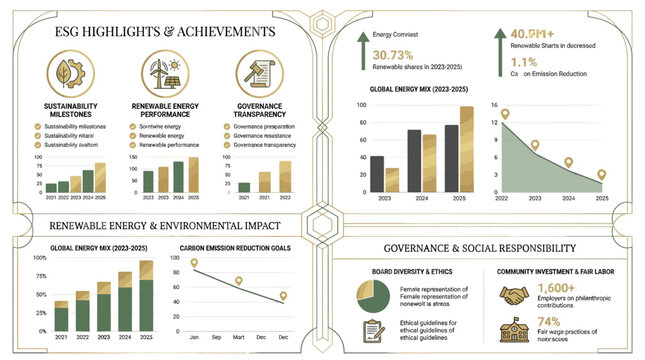 Infographic showcasing ESG highlights and achievements with various charts and data on sustainability, renewable energy, and social responsibility.