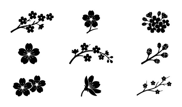 Black Cherry Blossom Vector Icons, Delicate Floral Branch Silhouettes, Spring Flower Elements, Elegant Botanical Graphics for Design