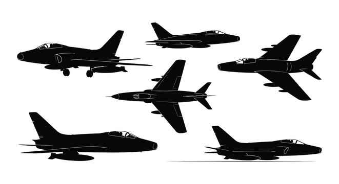 Jet aircraft blueprint technical drawing multiple views on white background