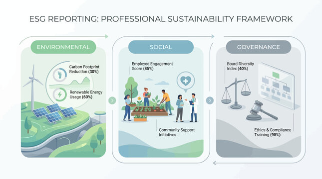 An illustrative professional sustainability framework for ESG reporting, detailing environmental, social, and governance aspects with key performance indicators.