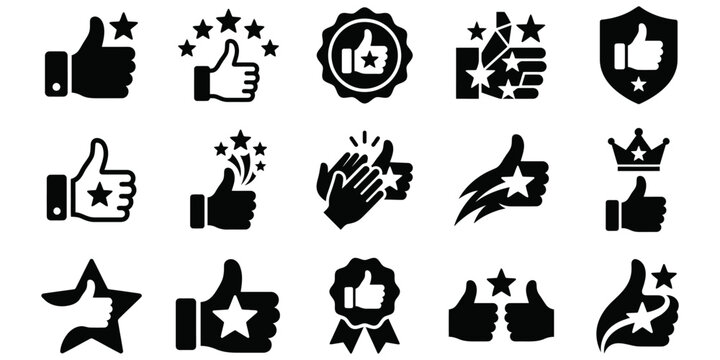 Premium thumbs up icon set with stars, badges, and approval symbols in black silhouette style isolated on white background.