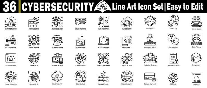 Cybersecurity line art icon set, easy to edit and use vector elements.