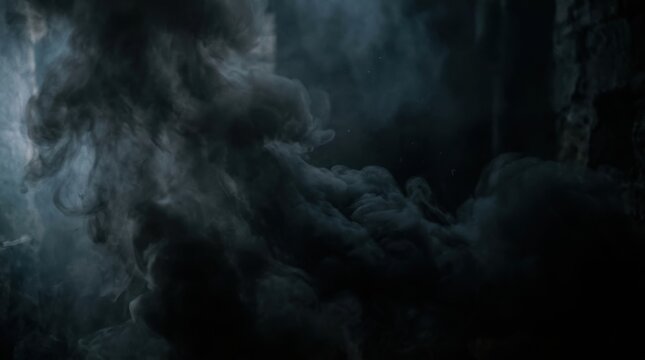 Cinematic dark smoke clouds in a moody stone interior, mysterious thick fog and vapor in a dungeon, dramatic atmospheric smoke effect for horror backgrounds