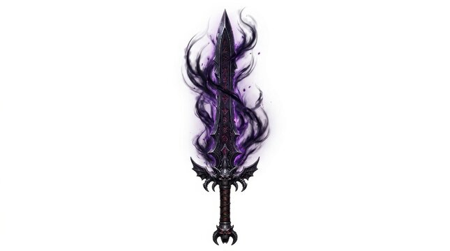 Fantasy dark magic sword with purple ethereal flames, cursed obsidian blade with mystical smoke, gothic shadow weapon for gaming and rpg art