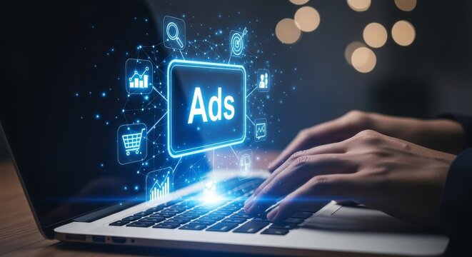 Hand typing on laptop with digital ads hologram for online marketing strategy