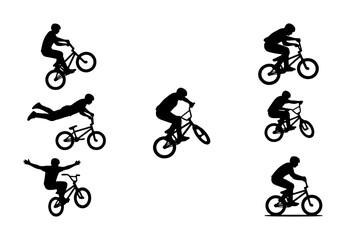 Obraz premium BMX Bicycle Rider Silhouettes, Extreme Sports Action Poses, Dynamic Cycling Vector Icons Set