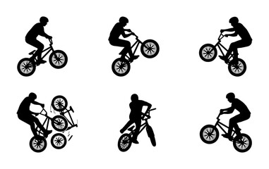 Obraz premium BMX Bike Rider Silhouettes, Extreme Sports Action Poses, Bicycle Trick Set, Dynamic Freestyle Cycling Vector Collection