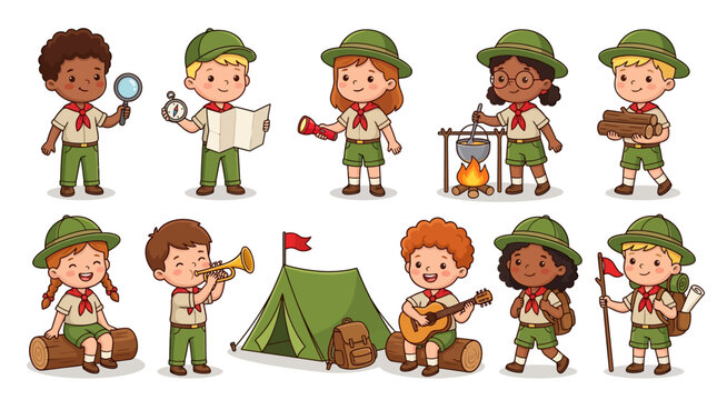 Diverse group of young scout children participating in various outdoor camping activities