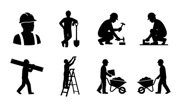 Construction Worker Silhouettes: Building, Labor, and Trades Set, 8 Icons for Industry and Manual Labor Projects