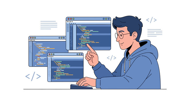 Developer coding on computer screen, multiple browser windows, programming concept
