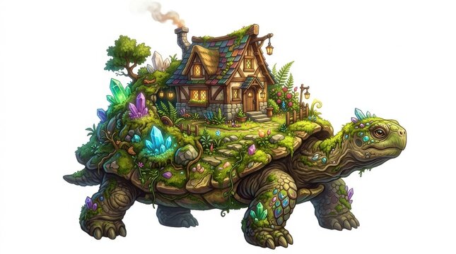 Sturdy turtle roams with a vibrant crystal-studded cottage garden on its mossy shell, glowing windows and smoke from the chimney hinting at warm magical journeys

