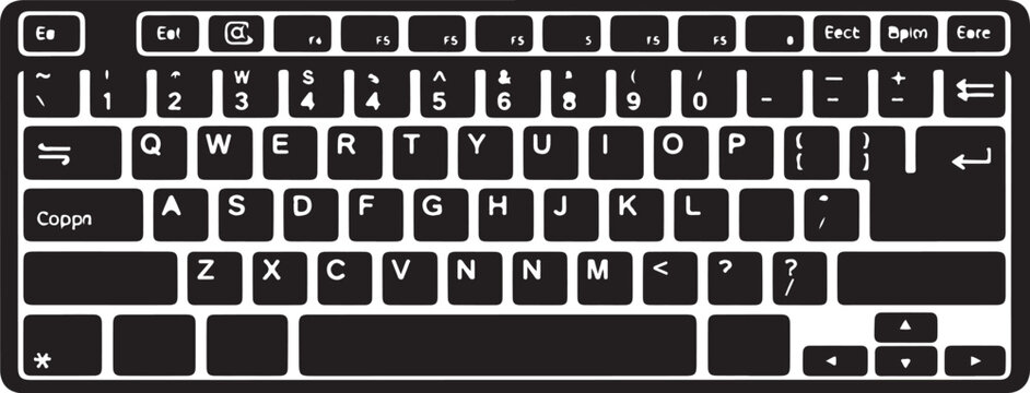 Black computer keyboard with white letter keys and symbolS
