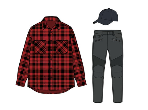 Flat lay fashion set of a red plaid shirt black pants and a baseball cap.