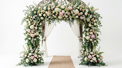 Fototapeta premium Elegant floral wedding arch with pink and white roses, romantic ceremony backdrop with lush greenery, decorative garden gazebo for marriage events