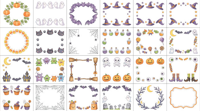 Autumn Halloween frame collection with pumpkins, bats, ghosts, candy corn, acorns, leaves, moon, witch hats, borders and seasonal decorative elements