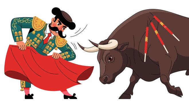 Spanish matador performing bullfight during San Fermin festival illustration