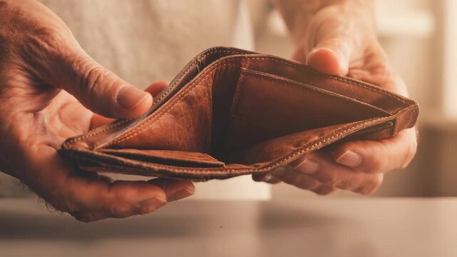 Close up video of hands opening an empty leather wallet on a table highlighting financial concepts