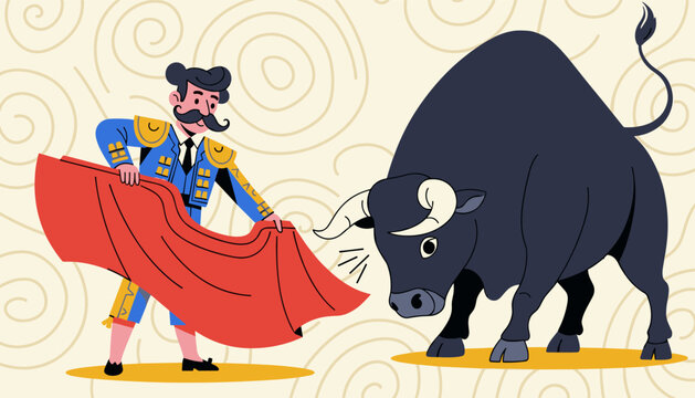 Traditional Spanish matador performing corrida de toros with fighting bull