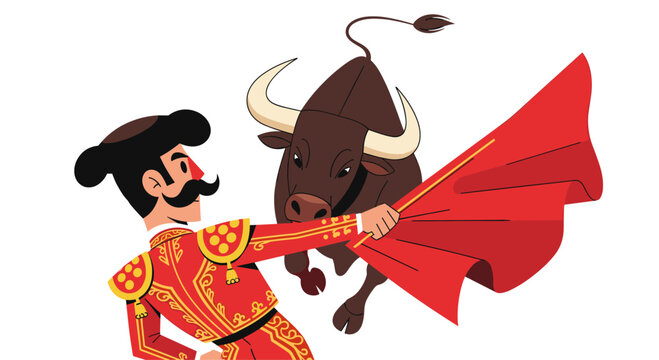 Bullfighter performing traditional corrida de toros with charging bull illustration