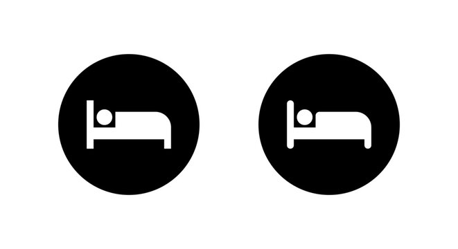 Sleeping bed icon in black circle. Guest room symbol. Relaxation and nap sign