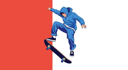 Fototapeta premium Skateboarder Performing Trick on Red and White Background
