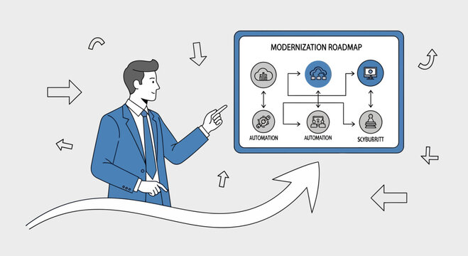 Business consultant pointing at modernization roadmap diagram with cloud icons and arrows