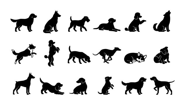 Dog Silhouettes Collection: Diverse Breeds and Poses, Vector Icons for Pet Lovers and Animal Graphics