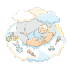 Obraz premium Father's Day loving embrace holding newborn baby surrounded by soft clouds and baby toys like blocks and rattles
