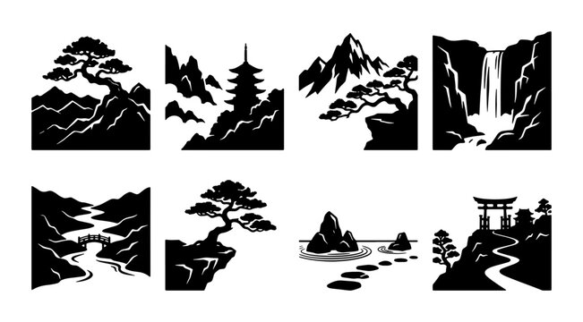 Serene Japanese Landscape Vector Icons, Zen Garden Scenes, Mountain Vistas, Waterfall Elements, Torii Gate, Bonsai Trees, Nature Illustrations for Design