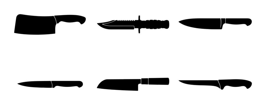 Collection of Six Knife Silhouettes, Kitchen and Utility Blades, Vector Icons for Culinary and Safety Themes